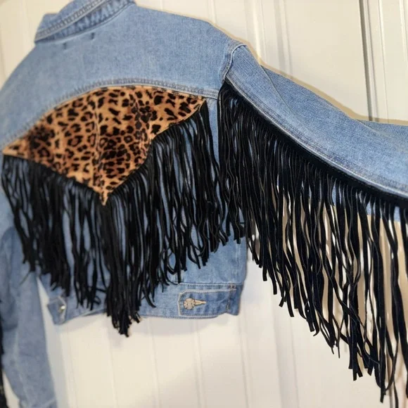SHEIN Jean Jacket Blue and Black with Fringe and Animal Print - Picture 3 of 13